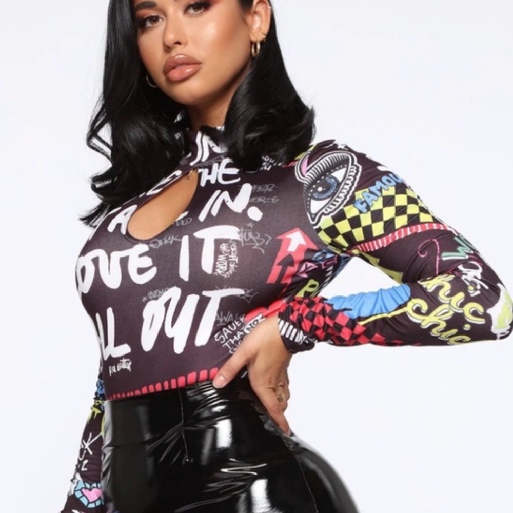 Fashion Nova Multicolor Graphic Long Sleeve Bodysuit